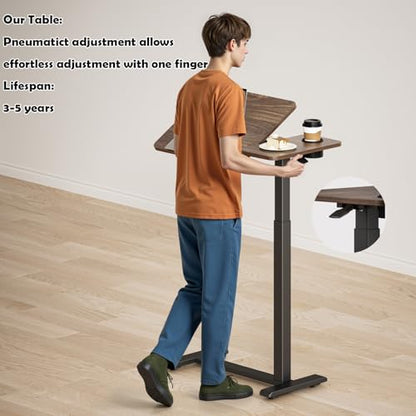 BIZUM Overbed Rolling Table with Adjustable Tilt Top Mobile Bedside Desk with Hidden Wheels Pneumatic Height Adjustable Laptop & Meal Table for Home and Hospital Use(27.6x15.8, Walnut) - color: Walnut