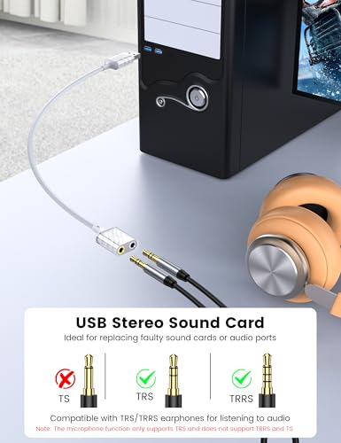 MOSWAG USB to 3.5mm Audio Adapter, External Stereo Sound Card with Dual TRS 3-Pole 3.5mm Headphone and Microphone Jack Adapter for PS4/PS5/PC/Laptop, Built-in Chip Mic-Supported Headphone Adapter