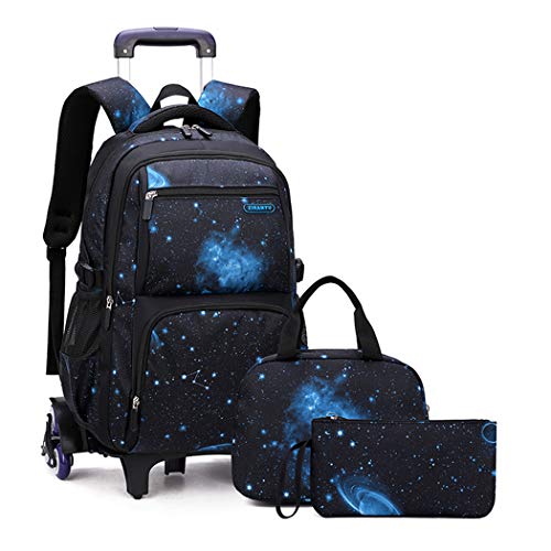 3Pcs Galaxy Boys Rolling Backpack Set with Lunch Bag, Galaxy Print Kids Backpack for Boys with Wheels - color: 3pcs-galaxy-black+blue