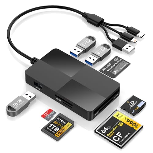 8-in-1 Memory Card Reader with Lightning USB-C USB-A Connectors, Memory Stick pro Duo Adapter Readers for SD/TF/MS/CF/XD Cards with 3 USB 2.0 Ports XD Picture Card Reader for iPhone/iPad/Android/PC