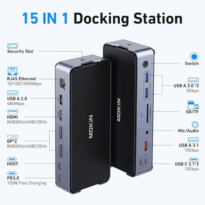 8K USB C Laptop Docking Station Dual Monitor,MOKiN Docking Station 3 Monitors with 2*DisplayPort,HDMI,15 in 1 USB C Dock 100W PD,6*USB Ports,Ethernet,SD&TF,for Dell/HP/MacBook (Include Power Adapter)