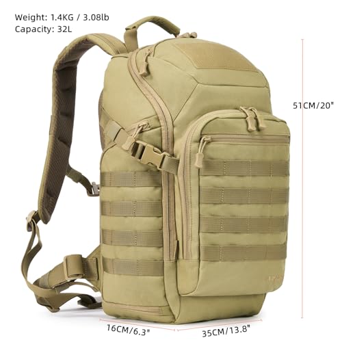 AMHEH 32L Tactical Backpack, 17 Inch Laptop Suspended Compartment | 1050D Water Resistant Heavy Duty MOLLE Computer Daypack, Airplane Travel Approved, Everyday Carry, Commuting, Weekend Trip - color: Tan
