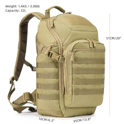 AMHEH 32L Tactical Backpack, 17 Inch Laptop Suspended Compartment | 1050D Water Resistant Heavy Duty MOLLE Computer Daypack, Airplane Travel Approved, Everyday Carry, Commuting, Weekend Trip - color: Tan