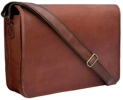 Leather Messenger Bag for Men & Women, 14" Vintage Crossbody Laptop Satchel | Fits 13.3 inches Laptop & iPad, Organized Pockets, Adjustable Shoulder Strap, Magnetic Closure, Travel Trolley Strap, Brown