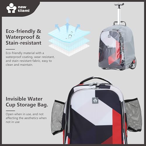 NEW TILAMI 20 Inch Rolling Backpack for School Stair-Climbing Big Wheel | Teen Boys Girls Carry-on Suitcase Large Organizer Compartment 15.6 Laptop Sleeve Adjustable Handle Roller Travel Bag College - color: Black - Red Combo