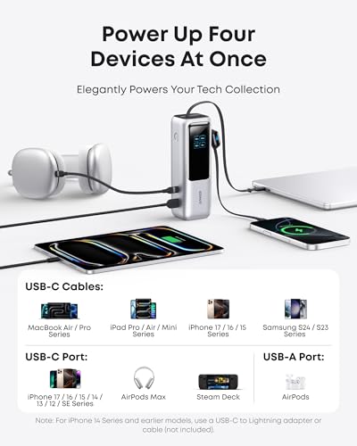 Anker Laptop Power Bank, 25,000mAh Travel Essential with 165W Total Output | 3 USB-C Ports with 100W Max Each, Built-In Retractable Cables, Flight-Ready, for iPhone 17 Series, MacBook, and More - color: Silver