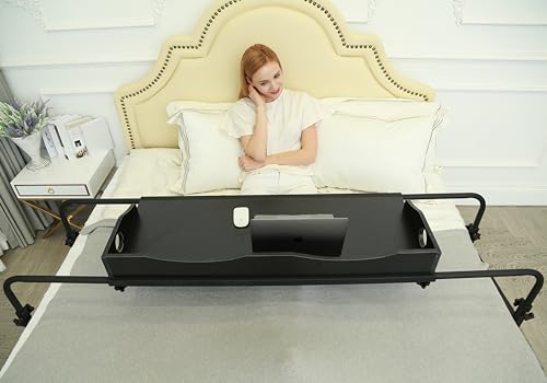 Adjustable Overbed Table, Over the Bed Table with Wheels, Medical Overbed Table with Wheels Adjustable Height, Rolling Desk for Full/Queen/King Bed, Sturdy Wood & Steel Frame (202-Black)