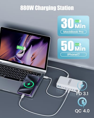 USB C Charger 1000W USB C Charger Block,Upgraded GaN IV 10-Port Charging Station Hub,Travel Essentials 140W Fast Charging Laptop Adapter for MacBook Pro/Air,DELL,Steam Deck,iPhone 17/16,Galaxy S25/24 - color: White