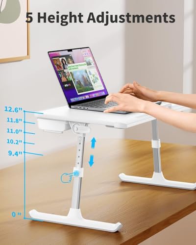 SAIJI Laptop Bed Tray Table, Adjustable PVC Leather Laptop Bed Table, Portable Standing Desk with Storage Drawer, Foldable Lap Tablet Table for Sofa Couch Floor (Large,White) | Fits 17" Laptop, Work From Home & Dorm Study, with Storage Drawer & PVC Leathe