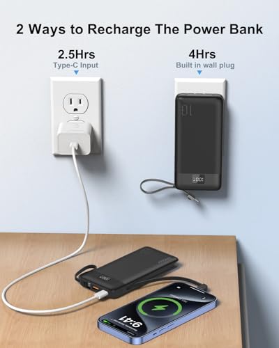 Portable Charger 10000mAh Power Bank w/Built-in 3 Cables & AC Wall Plug | 22.5W Fast Charging, Pass Through Charging, 0.68in Ultra Slim, TSA Approved, Travel Essential for iPhone/Samsung/iPad, Black - color: Black