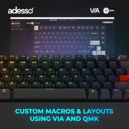 Adesso EasyTouch 1000 Wired/Wireless/Bluetooth Multi-OS Illuminated Mechanical VIA Mini Keyboard with Copilot Ai Hotkey