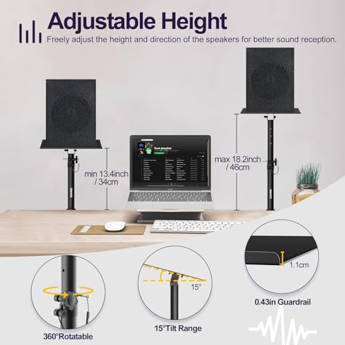 Studio Monitor Stands Clamp On Desktop Speaker Stand Pair, Heavy Duty Riser Tilt Height Adjustable, Universal Music Booth Desk Audio Mount Tray for Subwoofer Surround Sound Bookshelf Laptop