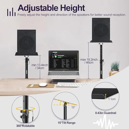 Studio Monitor Stands Clamp On Desktop Speaker Stand Pair, Heavy Duty Riser Tilt Height Adjustable, Universal Music Booth Desk Audio Mount Tray for Subwoofer Surround Sound Bookshelf Laptop