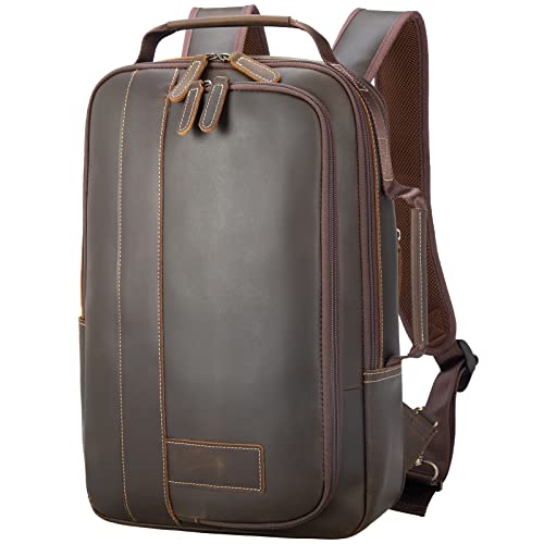 Masa Kawa Vintage Leather Expandable 15.6" Laptop Backpack for Men | Businss Travel Office Work Computer Daypack Bag with Water Bottle Holder, Luggage Strap - color: Brown