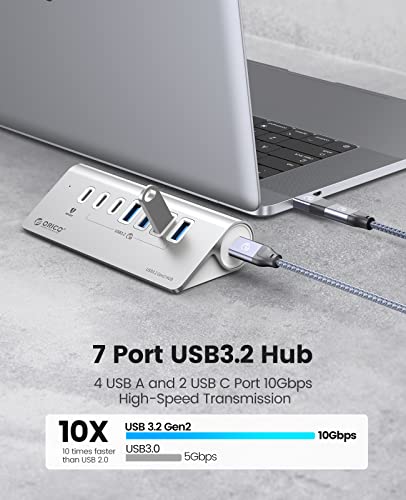 ORICO 7-Port USB 3.2 Gen2 Hub, Powered USB 3.2 Hub with 4 USB-A, 2 USB-C, PD 60W, 72W Power Adapter, 10Gbps Aluminium USB-Splitter with 1.64Ft USB-C to USB-A/C Cable for iMac, MacBooks, Mac mini - size: 50cm, style: M3U4C3