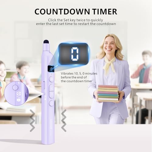 N21 Bluetooth Presentation Clicker for PowerPoint with Retractable Pointer | ①Green laser ②Telescopic touch pen ③Countdown timer, vibration alert ④Customizable Button ⑤Rechargeable;battery level display - color: Purple - Green Pointer