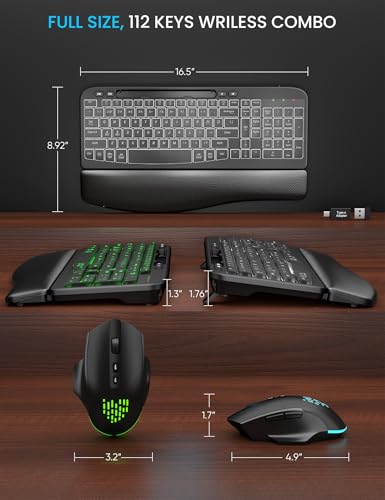 SABLUTE MA22 Pro Wireless Keyboard and Mouse Combo - Ergonomic Wave Keyboard with Soft Leather Wrist Rest, Phone Holder, Rechargeable, RGB Backlit Mouse, Full-Size Set for Windows/Mac/Computer - color: Black