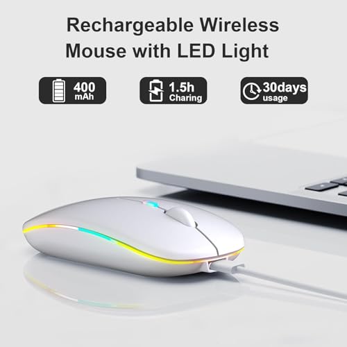 Rechargeable Wireless Mouse, LED Bluetooth Wireless Mouse for iPad, Slim Portable Computer Mice with USB Receiver, BT5.4 and 2.4G Dual Connection, Quiet Silent for Laptop/Notebook/pc/iPad/Chromebook