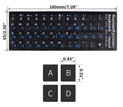 2PCS Russian Keyboard Stickers, Cyrillic Keyboard Letter Stickers Black Background with Blue/White Lettering, Keyboard Letters Sticker for Notebook Laptop Desktop Computer Keyboards - color: Russian-black/Blue