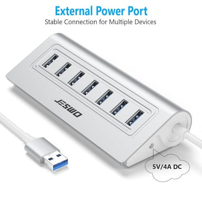 USB Hub 3.0, JESWO Aluminum 7 Port USB 3.0 Hub with 3.3Ft Cable, USB Splitter with 7-USB3.0 Data Ports Compatible with MacBook, Laptop,Surface Pro, PS5, PC and More (No Power Adapter Included)