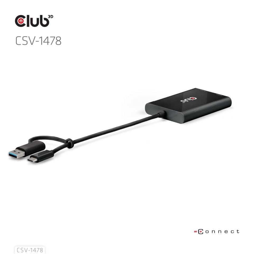 Club 3D CSV-1478 USB-C(with USB Type A Adapter) to Dual DisplayPort Video Splitter 4K60Hz