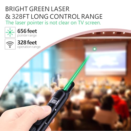 N21 Bluetooth Presentation Clicker for PowerPoint with Retractable Pointer | ①Green laser ②Telescopic touch pen ③Countdown timer, vibration alert ④Customizable Button ⑤Rechargeable;battery level display - color: Black - Green Pointer