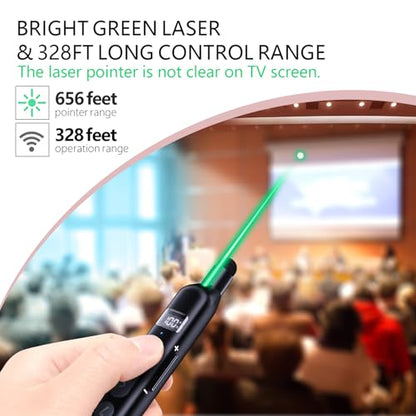 N21 Bluetooth Presentation Clicker for PowerPoint with Retractable Pointer | ①Green laser ②Telescopic touch pen ③Countdown timer, vibration alert ④Customizable Button ⑤Rechargeable;battery level display - color: Black - Green Pointer