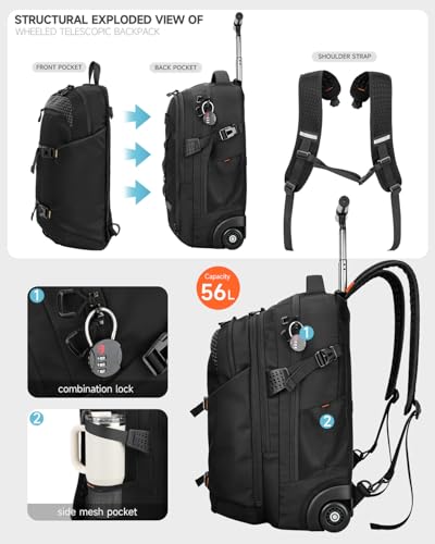 Rolling Backpack, 56L Large Backpacks with Wheels-Splits into Daypack & Laptop Backpack Fits 17 Inch Laptop,Water-Resistant & Carry-On Friendly for College,travel,camping,Weekender Hiking Black - color: Black, style: Rolling Backpack