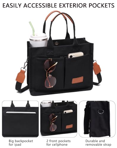 Canvas Tote Bag for Women,Women's Bags Crossbody Bags Work Laptop Tote Bag Large Handbags Purse for Travel Nurse Teacher - color: Canvs Demure Black With Compartments