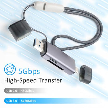 USB3.0 USB-C SD Card Reader, 2-in-1 Wansurs Aluminum Alloy Memory Card Reader with Dual Connectors for SDXC, SDHC, SD, MMC, RS-MMC, Micro SDXC, Micro SD, Micro SDHC, and UHS-I Cards