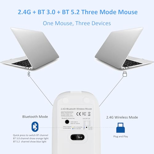 SUNGI Bluetooth Wireless Mouse Dual Mode(Bluetooth5.2+USB),Silent Rechargeable mice with USB-C to USB Adapter for MacBook,Laptop,Tablet,iPad,PC(White)