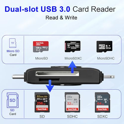 USB C Lightning SD Card Reader for iPhone 15 iPad Mac - 2 in 1 Micro SD/SD Card Adapter(Read Two Cards simultaneously), Portable Digital Camera Adapter Memory Card Reader, Plug and Play