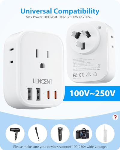 LENCENT Australia New Zealand Power Plug Adapter, US to Australia Adapter | Plug Adapter with 4 Outlets, 4 USB Ports(2 USB C), Type I Plug Converter for US to AU Argentina China Fiji, Travel Essentials - style: Type I-17.5W-Australia China