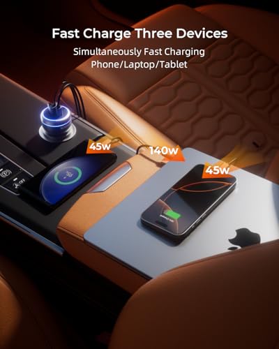 230W USB C Fast Car Charger PD140W/PPS63W/QC45W, 3-Ports Mutiple Car Charger Adapter, 12-24V Cigarette Lighter Adapter, Fast Charging for iPhone/MacBook/iPad/Laptop/Samsung/Pixel/Android