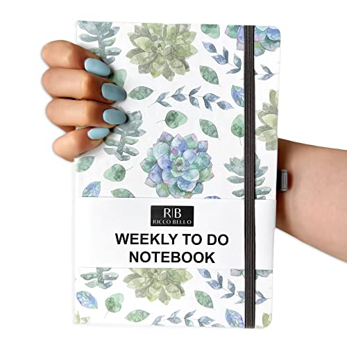 RICCO BELLO Undated Weekly Planner To Do Notebook, 5.7 x 8.4 Inches | Hardcover, Succulents Design, Pen Holder & Bookmark, Band Closure & Storage Pocket, For Work, School, Home - color: Succulents