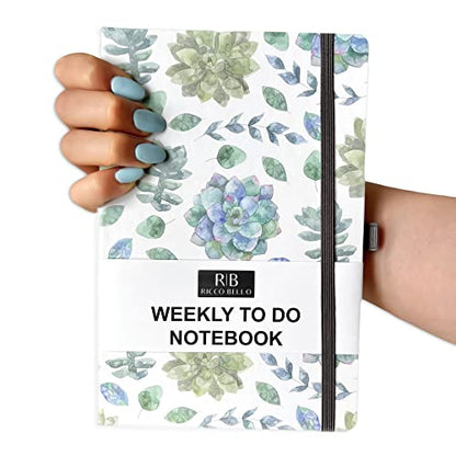 RICCO BELLO Undated Weekly Planner To Do Notebook, 5.7 x 8.4 Inches | Hardcover, Succulents Design, Pen Holder & Bookmark, Band Closure & Storage Pocket, For Work, School, Home - color: Succulents