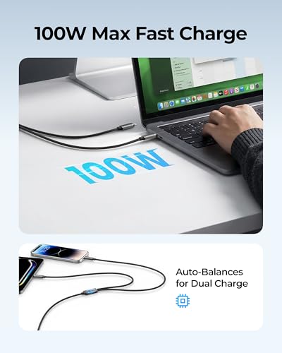 100W Fast Charging Cable 2-in-1 with USB-C & Lighting | Detachable Tip USB-C&A for iPhone 17/16/15/14, iPad, iPod, MacBook Pro/Air, Galaxy, Power 2 Devices at Once (3.94ft)