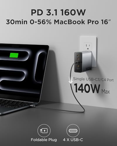 PISEN 160W USB C Charger - PD3.1 GaN Fast Charger USB C 4-Port Foldable Charging Block 160Watt Power Adapter with 6FT 240W Type-C Cable, 160W Charger for MacBook, Laptops, Samsung, iPad, iPhone Series