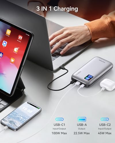 AsperX Laptop Power Bank, 145W USB C PD 3.1 Fast Charging Portable Charger | TFT Display Portable Laptop Charger Battery Pack for MacBook/iPhone 16/Dell XPS/Galaxy S25/Steam Deck/ipad (Flight-Approved) - color: Silver
