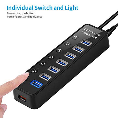 Powered USB Hub 3.0 Extender, Multiple Port Hub Splitter for Laptop PC with Power Adapter and Charging Port, USB Expander with On/Off Switches for MacBook, iMac, Surface Pro