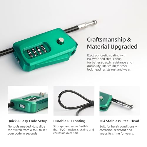 6ft Python Cable Lock for Bike, Bicycle, Trail Camera, 4 Digit Combination Lock, Heavy Duty Anti Theft Candado, Adjustable Locking Cable for Trail Cam, Kayak, eBike, Outdoor Equipment - color: Green