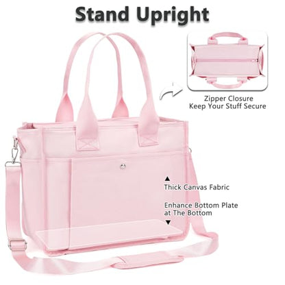 Fammart Large Canvas Tote Bag for Women with Zipper & Compartments, Crossbody Laptop Bags for Work College Travel - color: Pink