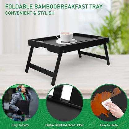 Artmeer Bamboo Bed Tray, Folding Legs, Phone/Tablet Slot, Medium, Black | FSC-certified bamboo bed tray with phone/tablet slot, folding legs, handles and raised edges for meals, laptops and reading. - color: Black, size: Medium