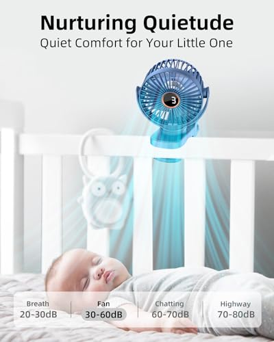 buywoo Portable Mini Personal Fan, Small Rechargeable Battery Powered Stroller Fan for Desk, Strong Clamp Grip, 360° Rotation, 3-Speed, LED Display, Clip On Cooler for Bed, Golf Cart, Office, Blue - color: Blue
