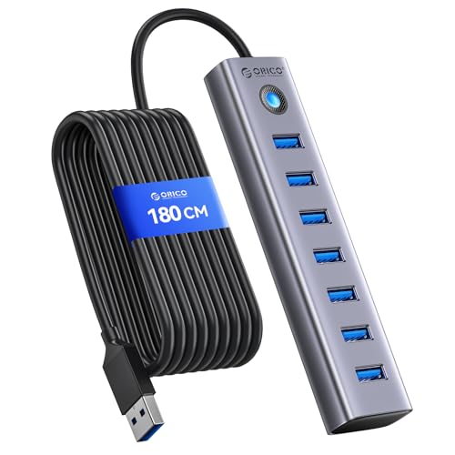 ORICO 7-Port USB 3.0 Hub, Aluminum USB Multiple Adapter, 5Gbps USB Extender USB Splitter with 6Ft Cable, UBS-A Hub Long Cable for Desktop, PC, Flash Drive, Mobile HDD, Windows/XPS - size: 6.0Ft