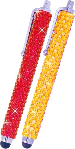 Eco-Fused Universal Bling Stylus Pens - 2 Long Gem Covered Stylus Pens Compatible with All Capacitive Touchscreen Devices/Microfiber Cleaning Cloth (Red+Yellow) - color: Red+Yellow