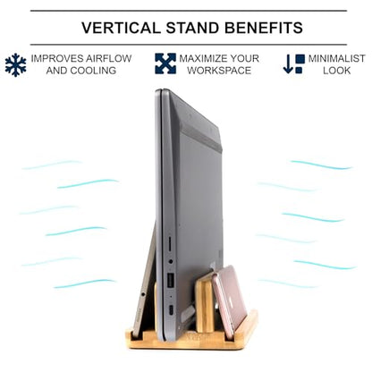 S&A WOODCRAFT 3 Slots Bamboo Wood Vertical Laptop Stand, Adjustable Wooden Laptop Holder, Non-Slip Laptop Dock Compatible with Apple MacBook, Microsoft Surface, Gaming Laptops, IPad, Tablets - color: Natural Bamboo, size: 3 Slots