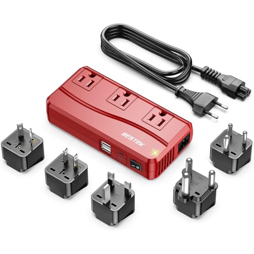 BESTEK International Power Adapter 300W, 220V to 110V Step Down Travel Voltage Converter with 4-Port USB (2 USB 20W) Including US/AU/EU/UK/India/South Africa Plug Adapter (Red) - color: Red
