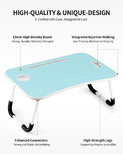 FISYOD Foldable Laptop Table, Portable Lap Desk Bed Table Tray, Laptop Stand with Cup Holder & Tablet Slot & Lifting Handle for Working Writing Drawing & Eating (Blue) - color: Blue