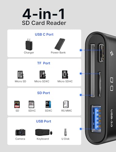 JSAUX 4-in-1 USB C SD Card Reader Black | USB C Micro SD Card Reader with (USB 3.0 & Charging) Port Compatible with iPhone 16 Pro Max, Android, Mac, iPad Pro, Camera- - color: Black, size: 4-in-1